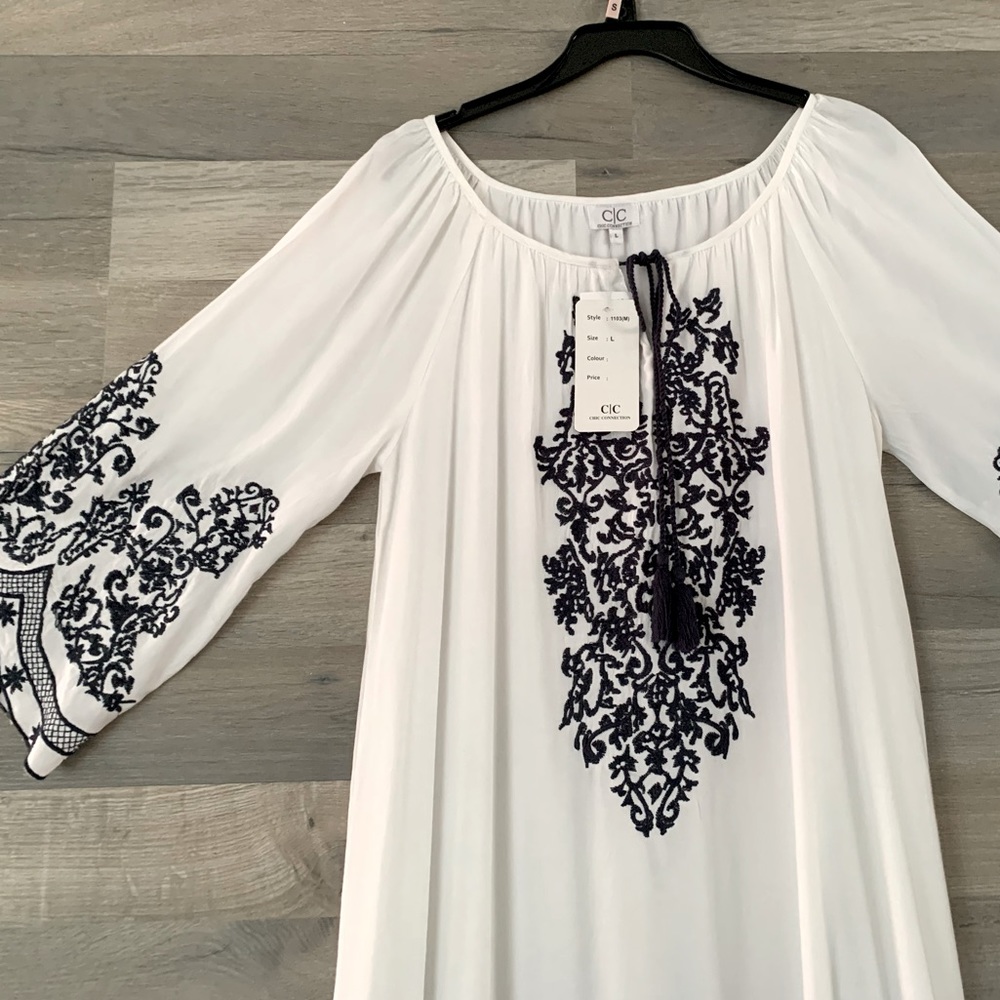 Boho dress, White and Navy embroidery